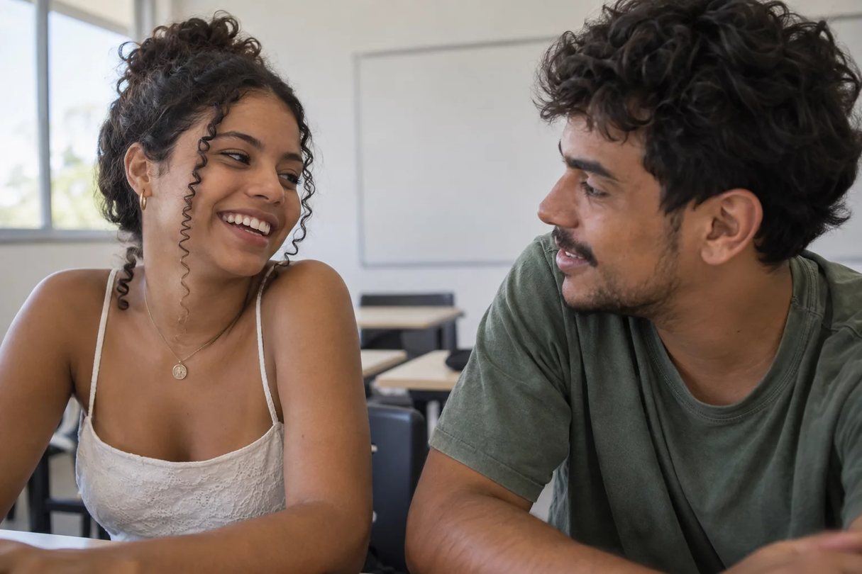 Facilitadora aponta para um mapa de argumento desenhado no quadro branco enquanto um participante acompanha
