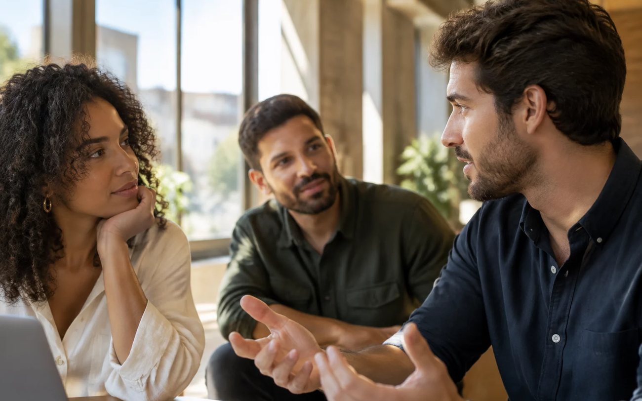 Roda de conversa numa sala clara, com uma pessoa expondo o ponto e duas escutando