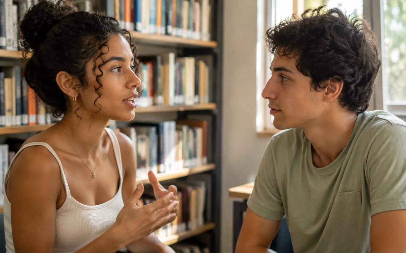 Três pessoas sentadas a uma mesa comprida, no meio de uma conversa numa sala de janelas altas